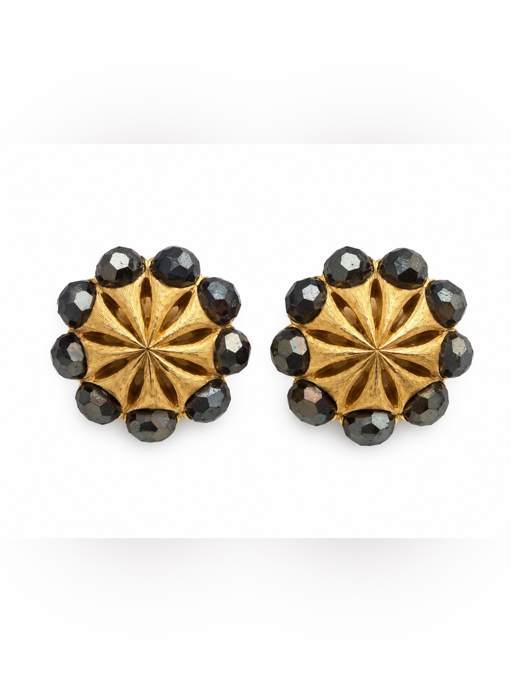 Vintage Gold Floral Clip Earrings with Black Stones